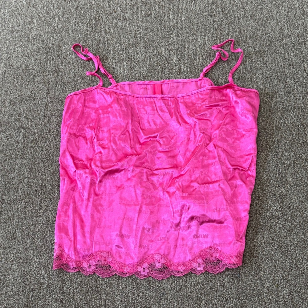Skims Woven Jacquard Cami Hot Pink Logo Lace Trim Tank Top XS TP-CAM-4940